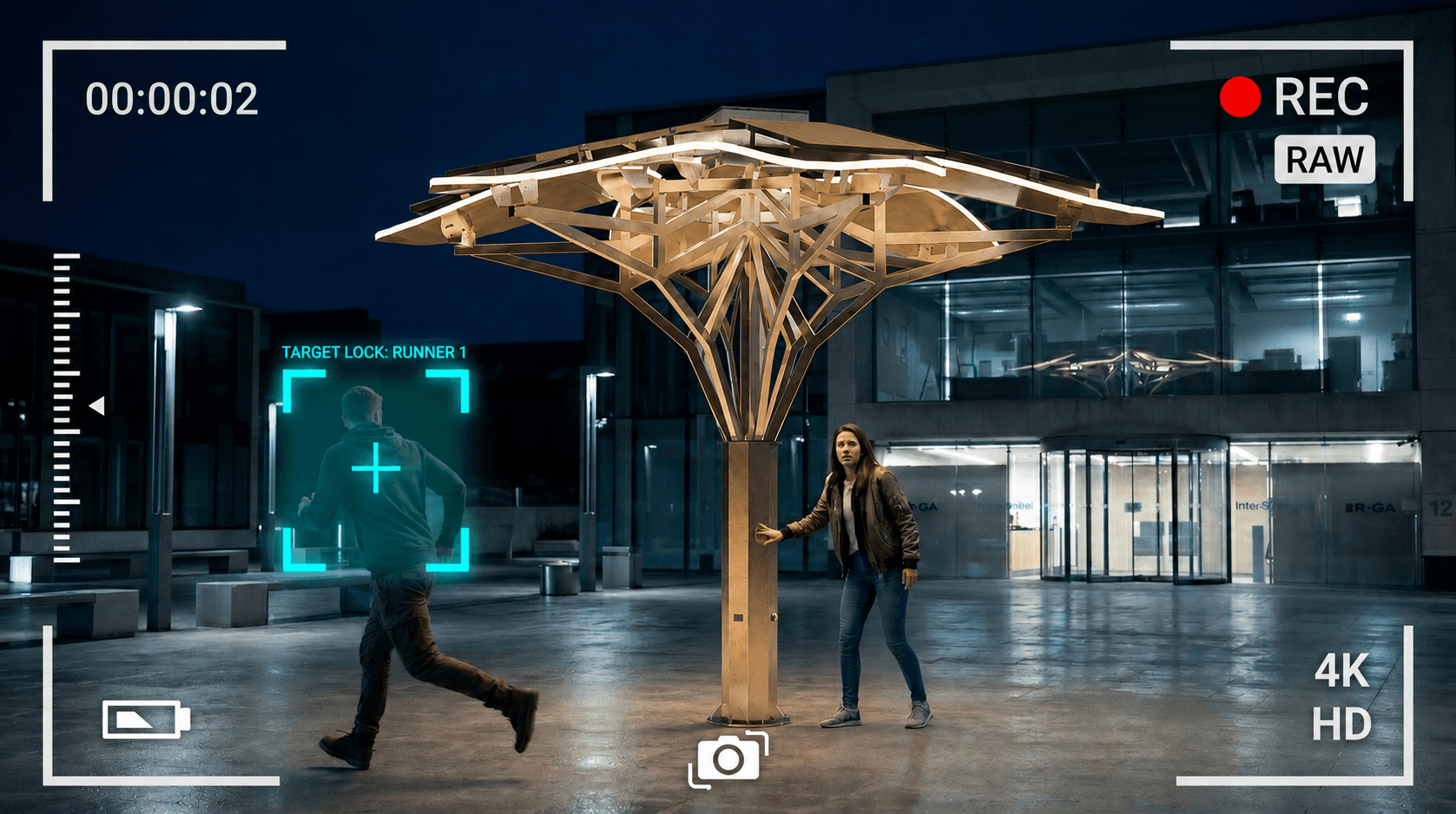 Detalhe do painel com câmera e botão S.O.S. visíveis na estrutura da Árvore Solar
